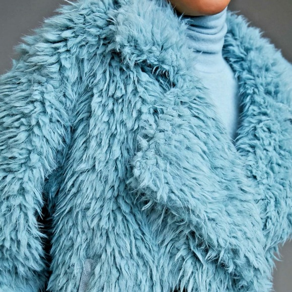 Glam Anthropologie-Faux Fur Jacket in a beautiful blue.Size M but is oversized. - Picture 2 of 12